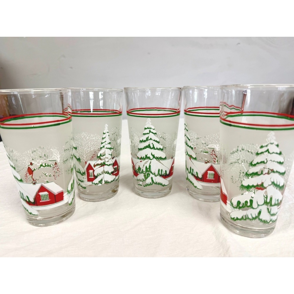 Vintage KIG Indonesia Christmas Drinking Glasses Set‎ 5 Winter Cabin Snowy Trees